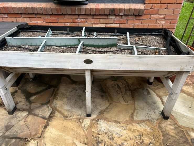 Overhead view of the raised planter with drip irrigation and dividers