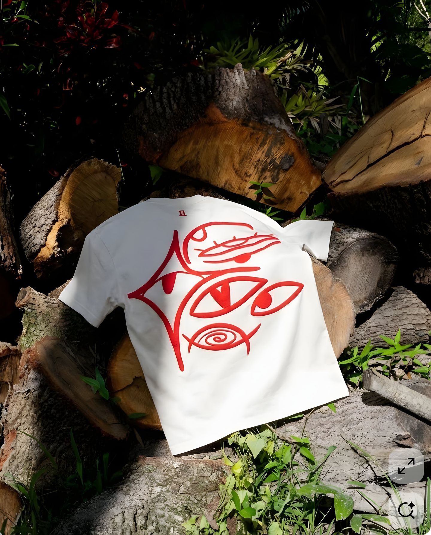 White Ariiston tee with red eye embroidery laid on logs