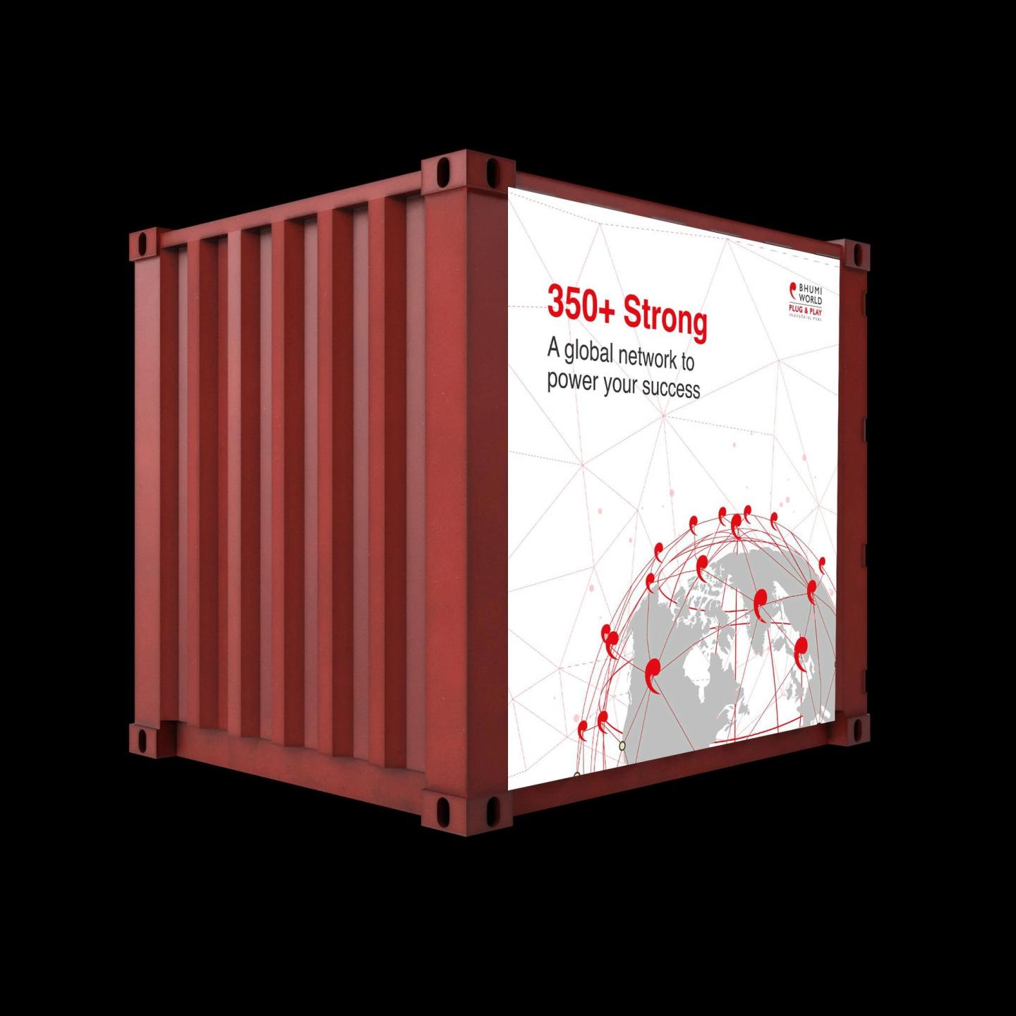 A post on a red container: 350+ strong, a global network to power your success