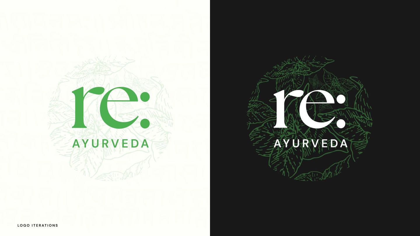Logo iterations: the re: Ayurveda mark in green on cream and in cream on dark green