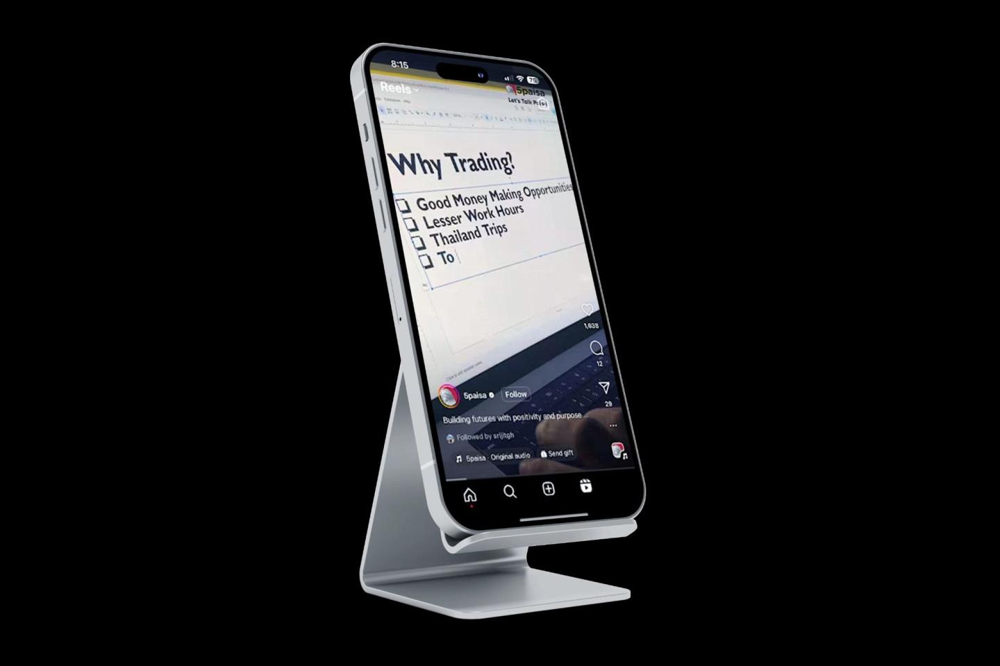 A phone on a stand showing an education reel: why trading?