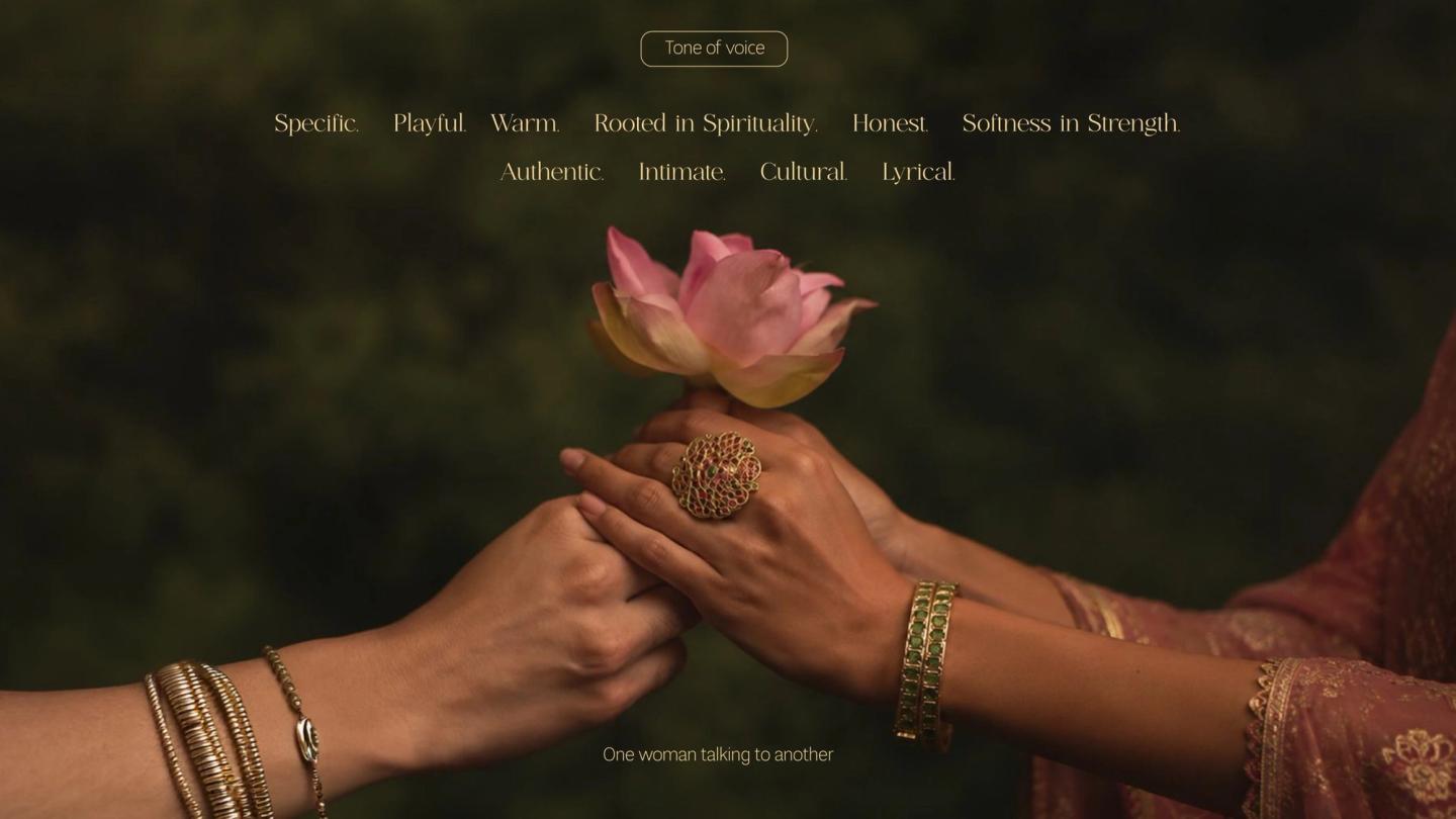 Brandbook spread: tone of voice, two hands passing a lotus