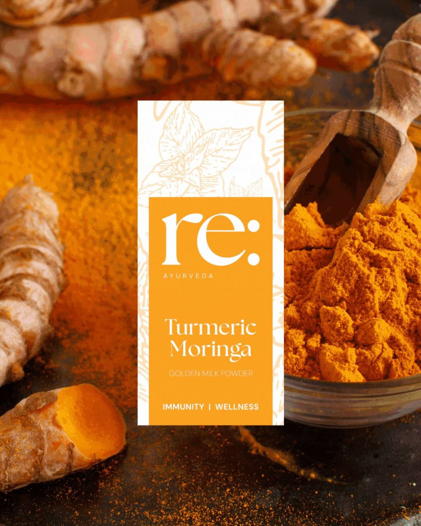 The Turmeric Moringa pack in a bowl of turmeric