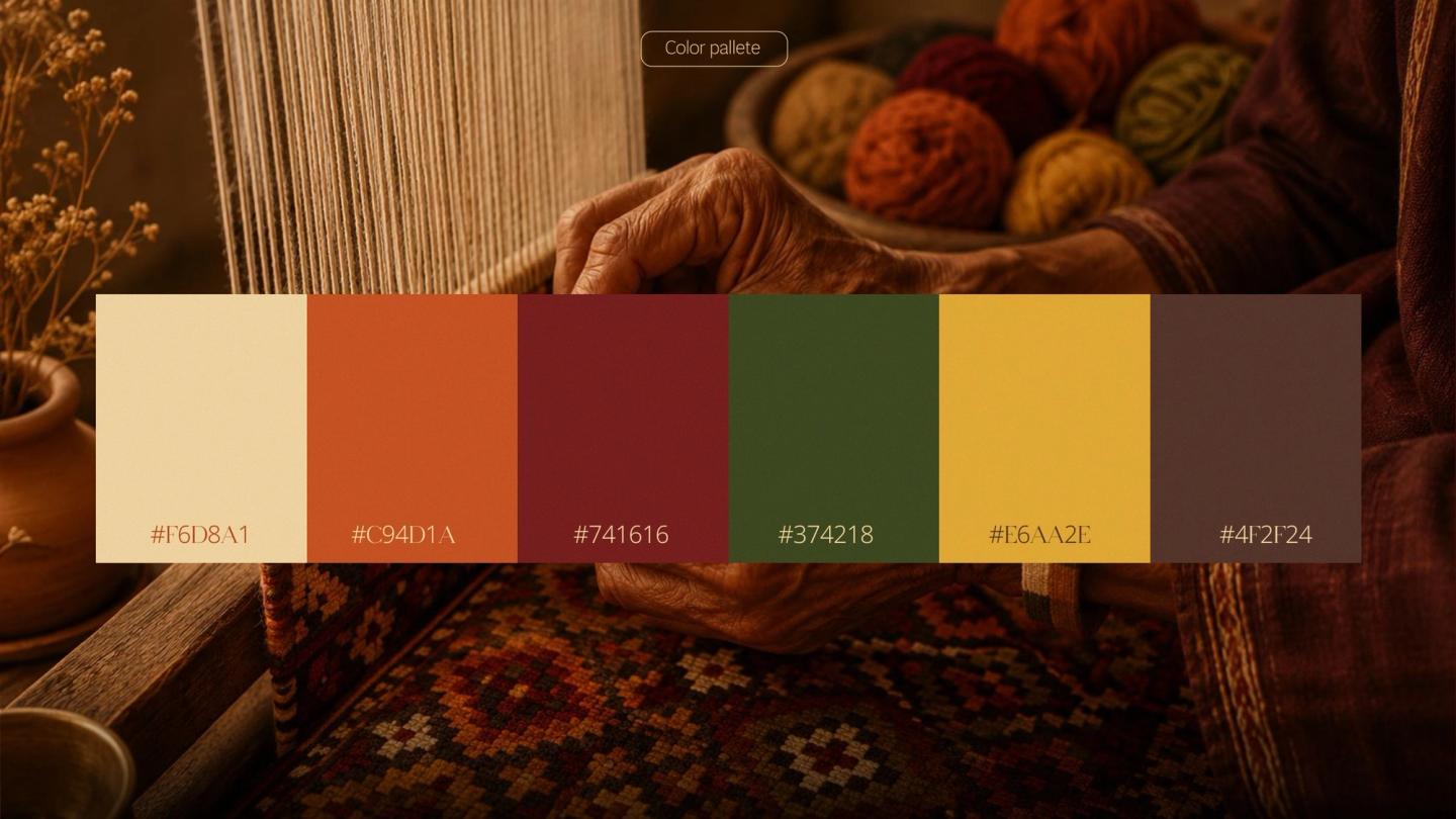 Brandbook spread: the colour palette over a weaver’s hands