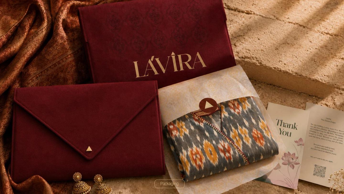 Brandbook spread: maroon packaging, an ikat kurta and a thank-you card