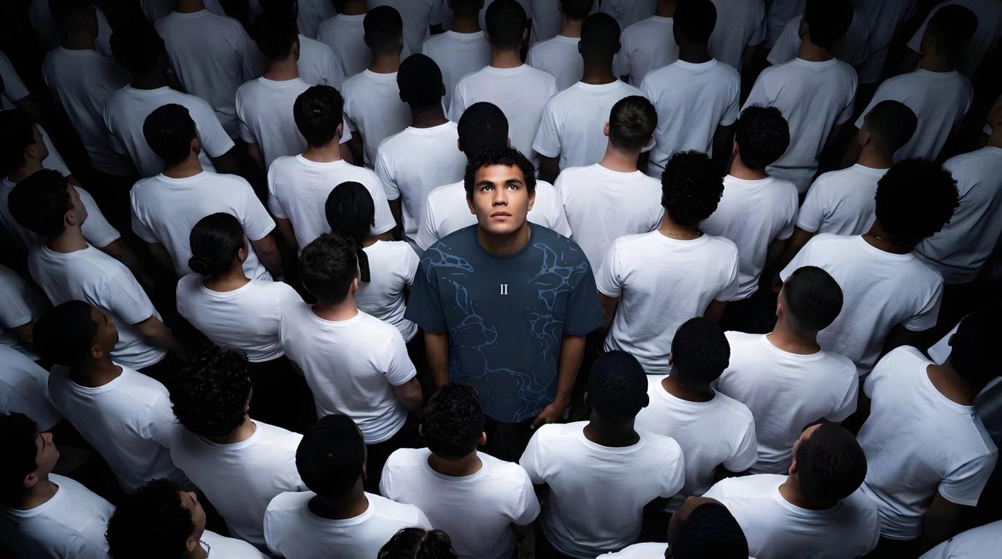 Brandbook cover: a crowd in white tees, one figure in a patterned Ariiston tee looking up