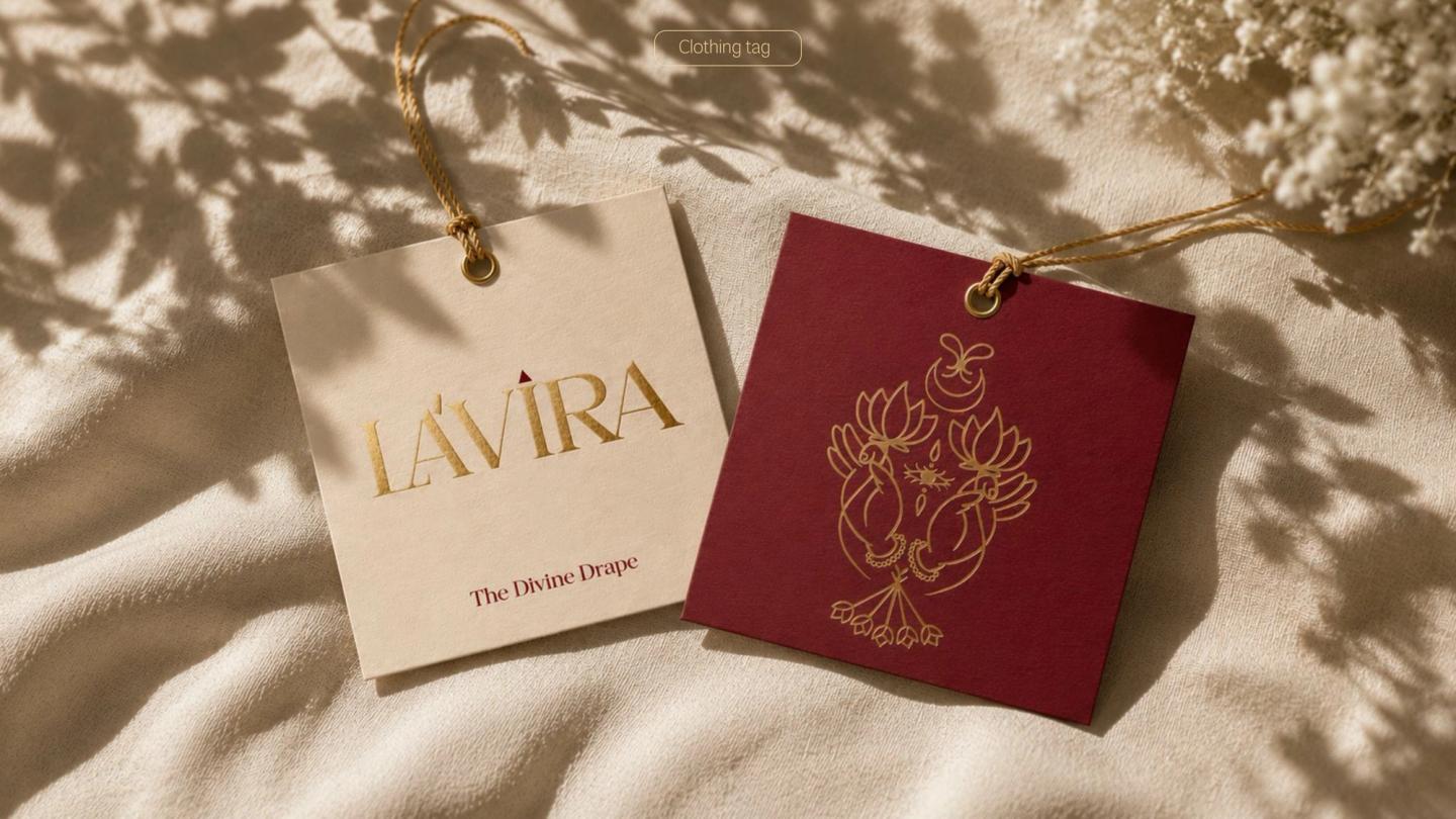 Brandbook spread: cream and maroon clothing tags on linen