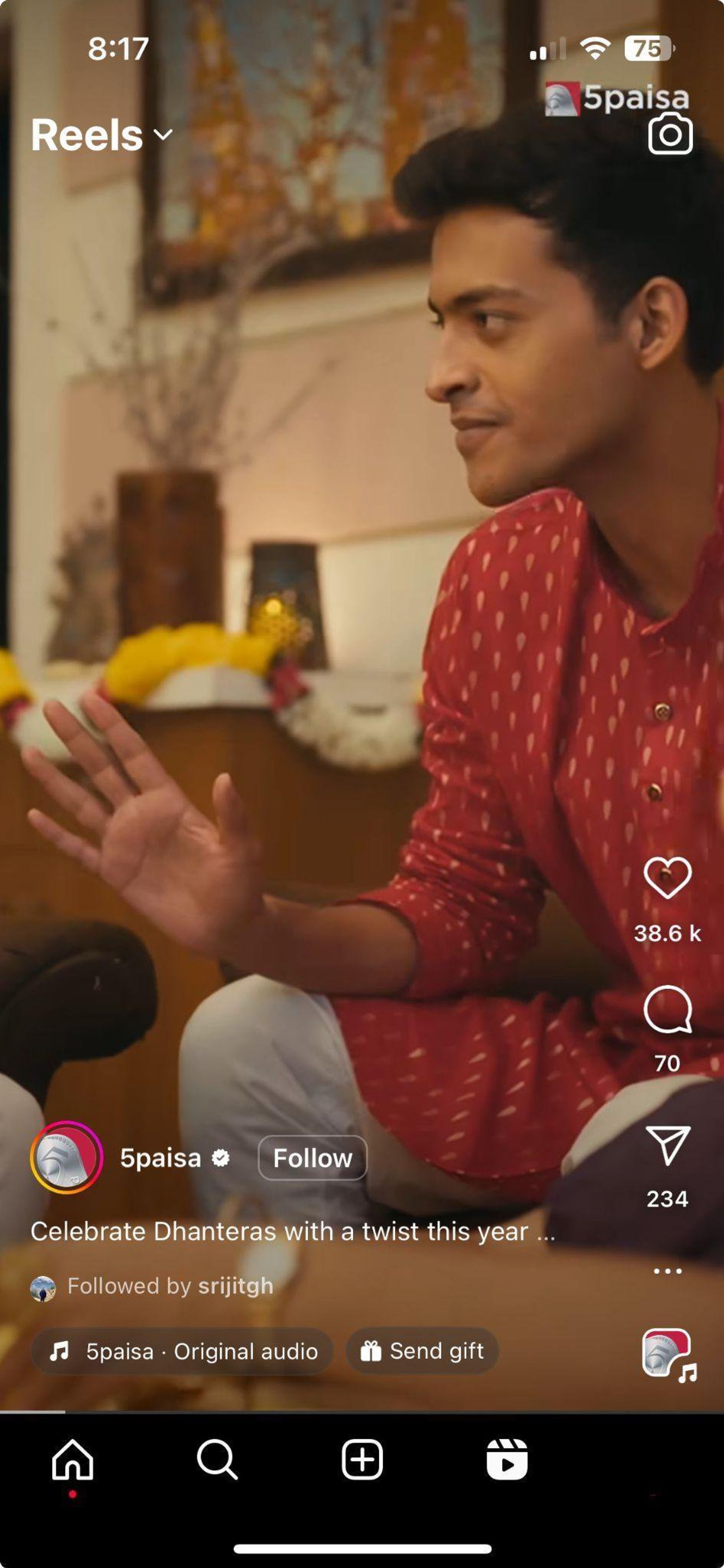 Diwali reel frame: a young man in a red kurta