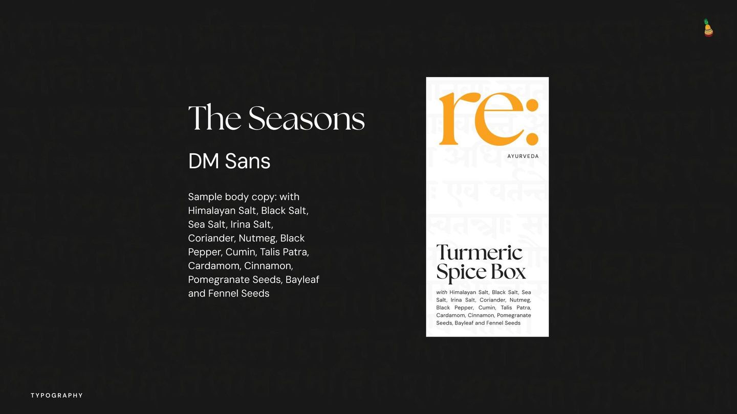 Typography board: The Seasons and DM Sans beside a Turmeric Spice Box label