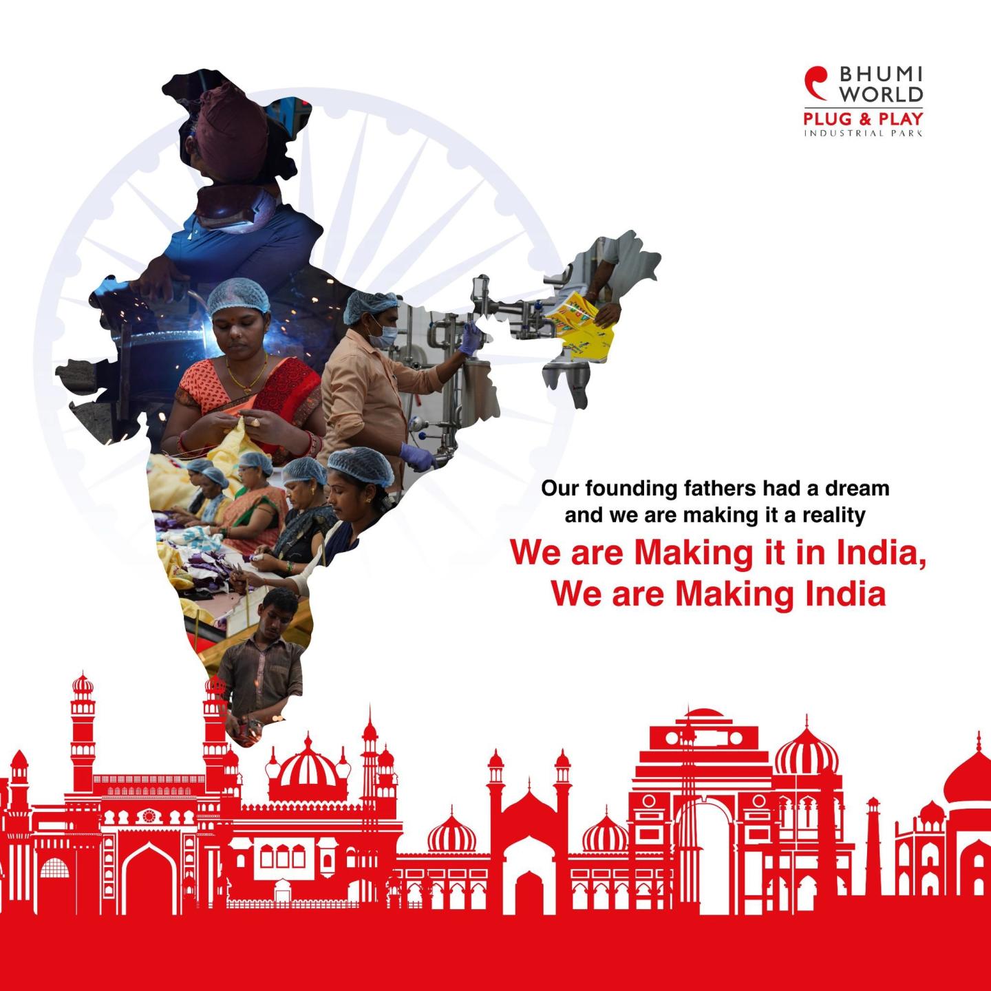 Post: we are making it in India, a map of India filled with workers