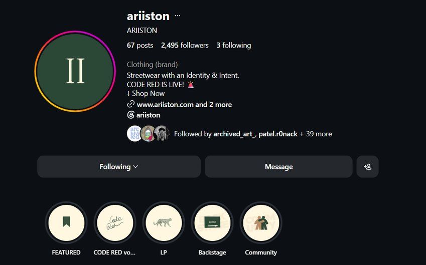 The Ariiston Instagram profile with its highlight covers