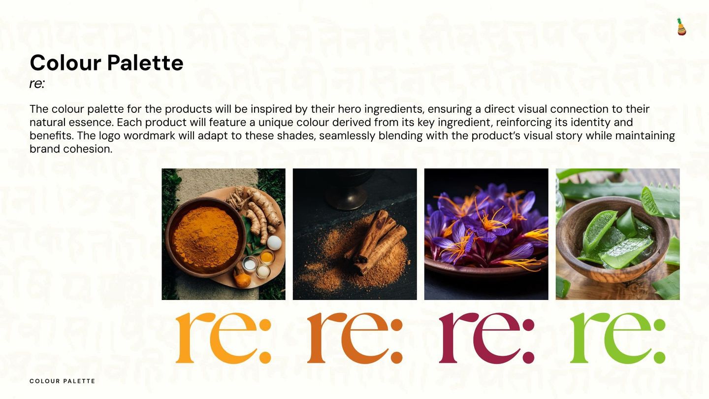 Colour palette board: four ingredient photographs and the mark in orange, brown, plum and green