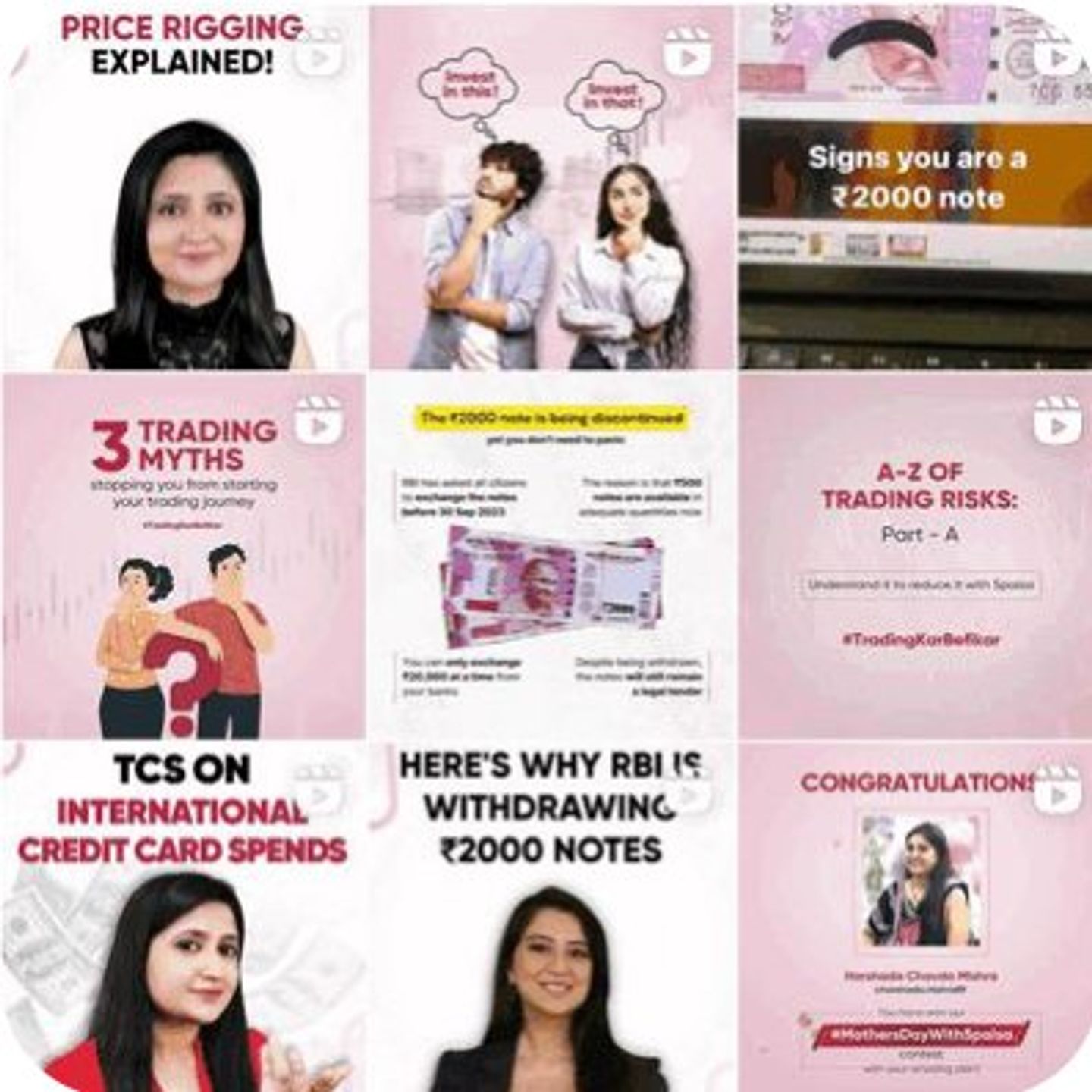 Nine 5paisa posts in a grid: price rigging explained, trading myths, the 2000 rupee note, credit card spends