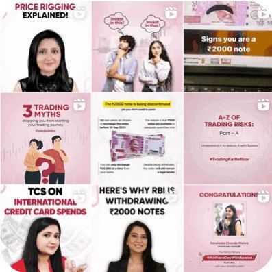 Nine 5paisa posts in a grid: price rigging explained, trading myths, the 2000 rupee note, credit card spends