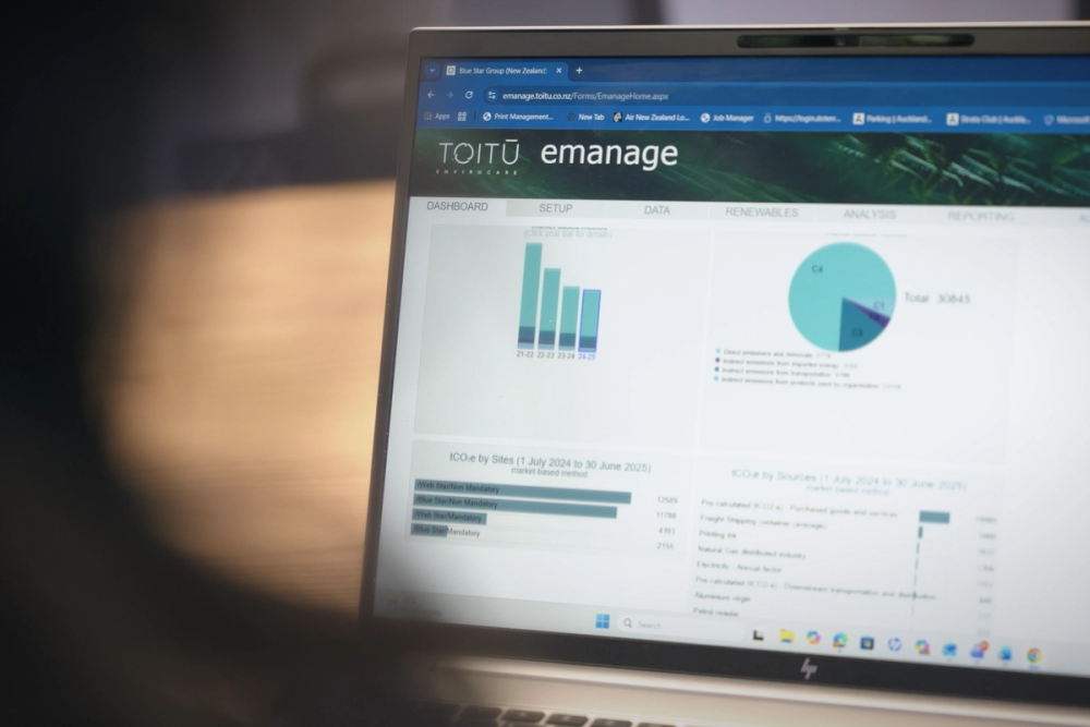 A person enters their emissions calculations from suppliers into Toitū's digital platform, emanage. A person enters their emissions calculations from suppliers into Toitū's digital platform, emanage.
