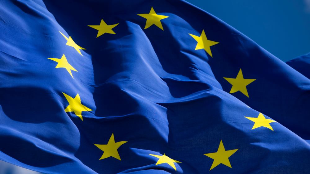Close up of the EU flag flying in the breeze