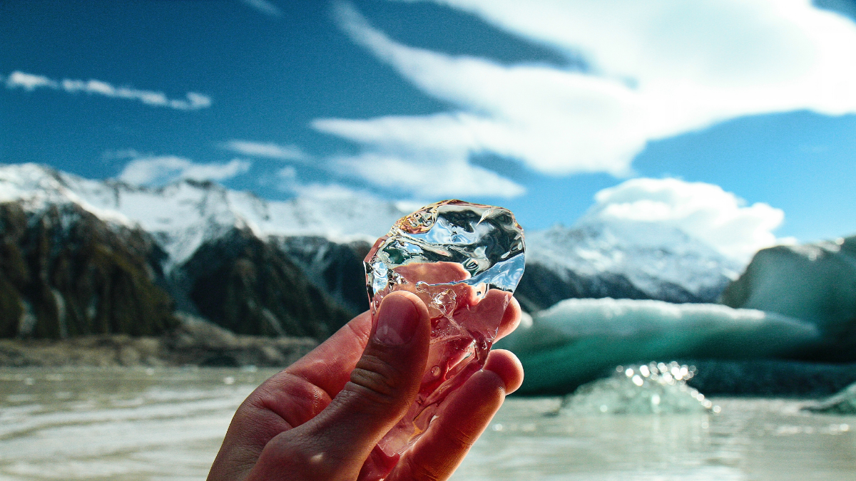 A crystal-clear ice cube in the Tasman Glacier Lake