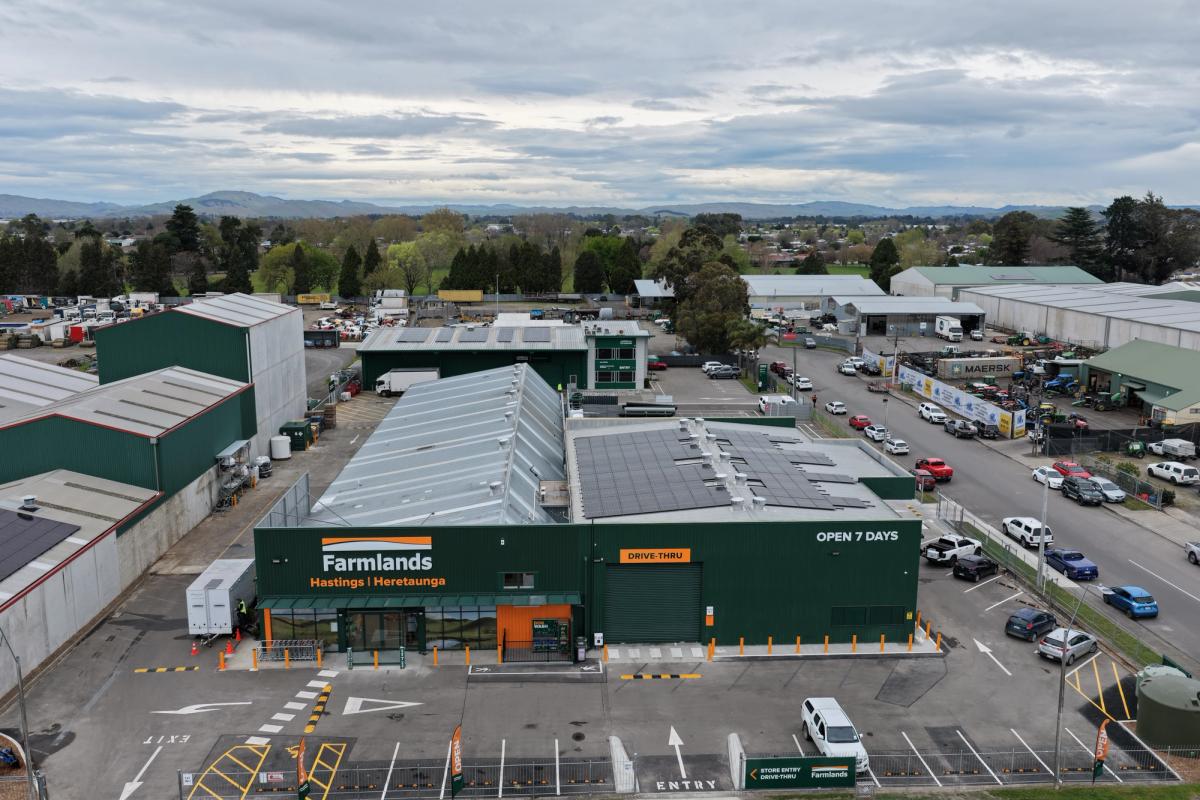 Photo of a Farmlands retail shop with solar panels on roof