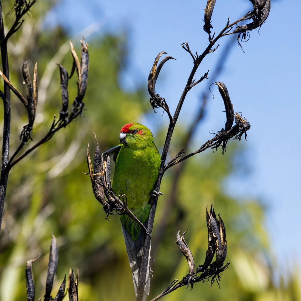 Green parrot on dried branch Green parrot on dried branch
