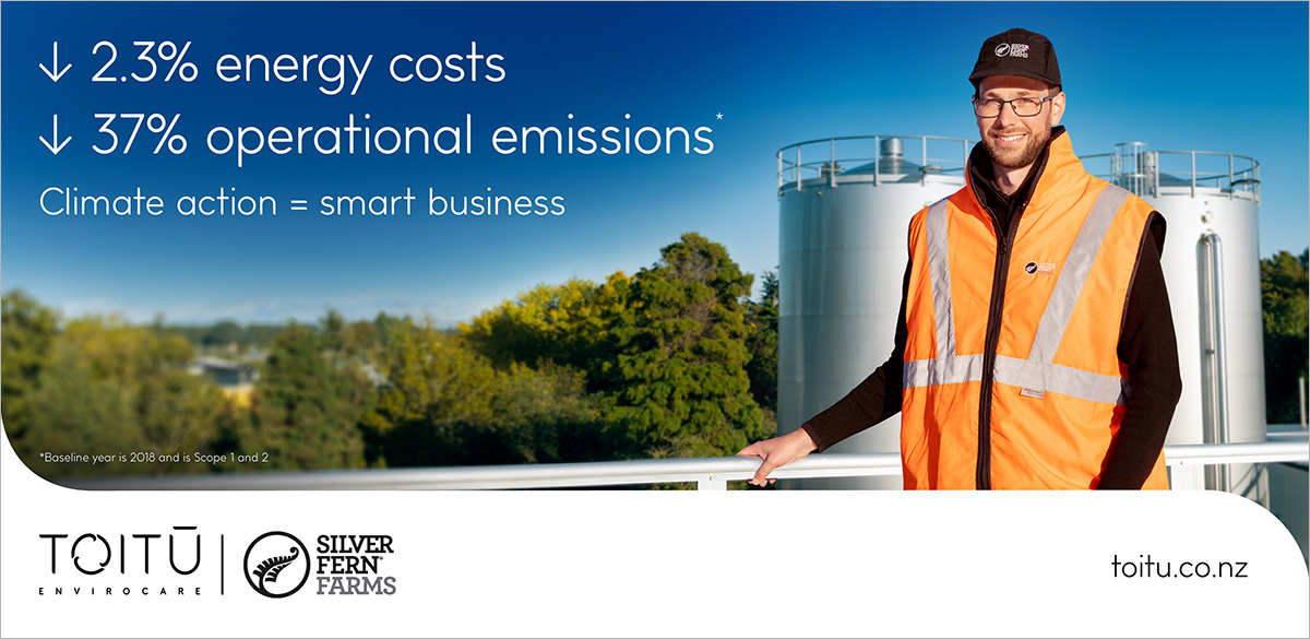 Silver Fern Farms engineer in front of heat pump. Headlines read 2.3% reduction in energy costs and 37% reduction in operational emissions. Toitū Envirocare and Silver Farn Farms logos are at the bottom