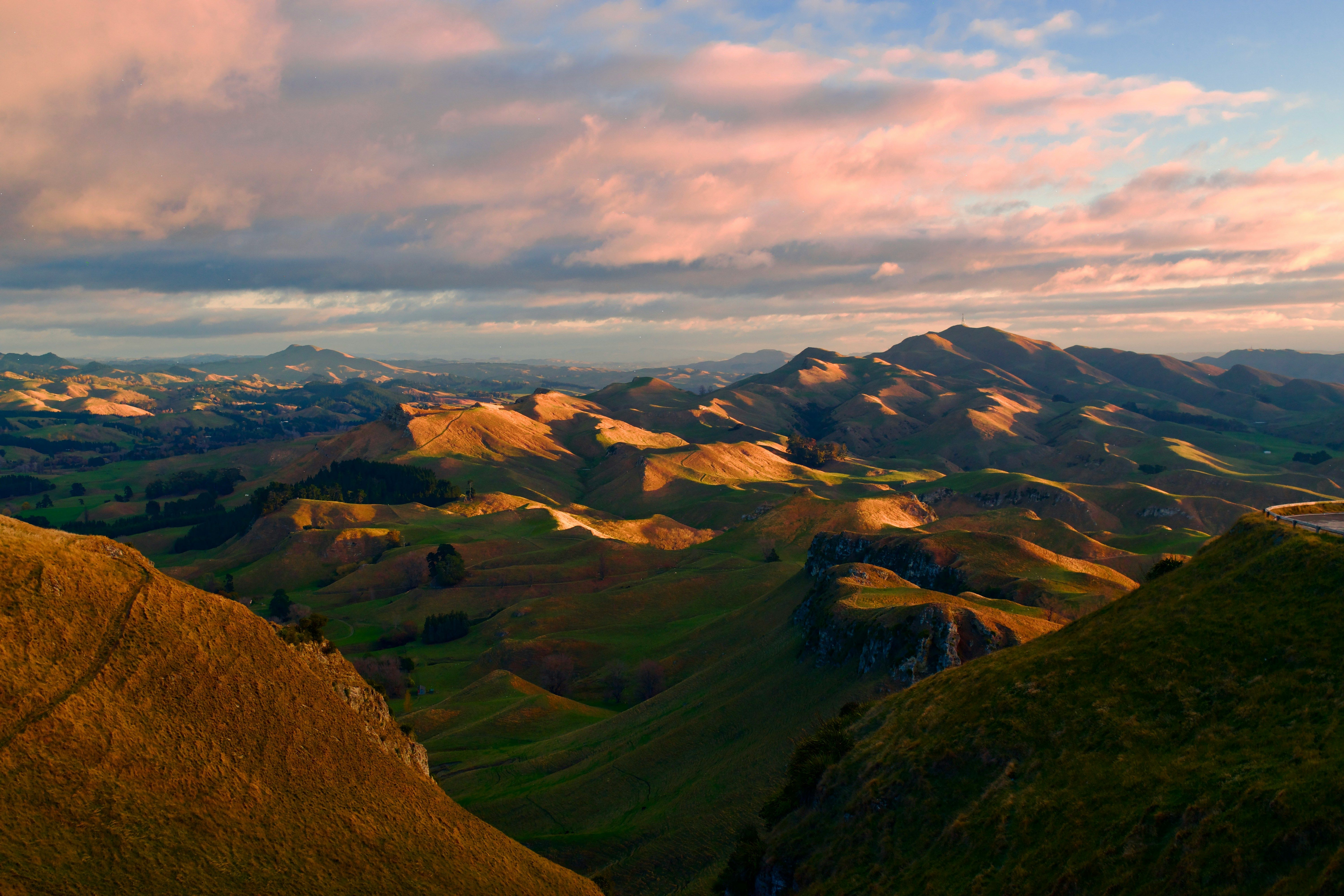 View from te mata peak in hawke's bay of rolling hills and dusk sky
