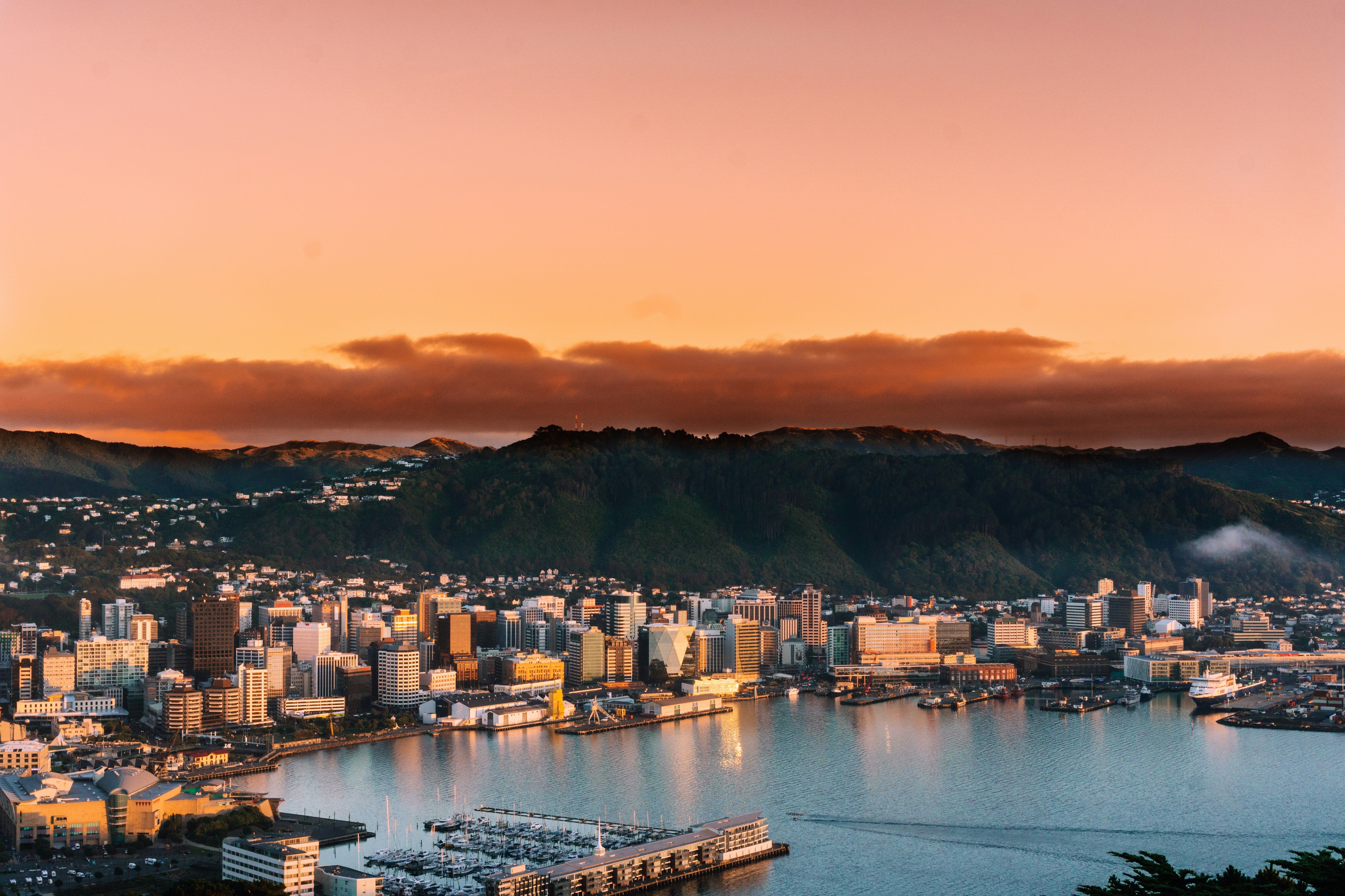 Drone image over Wellington Harbour at sunset
