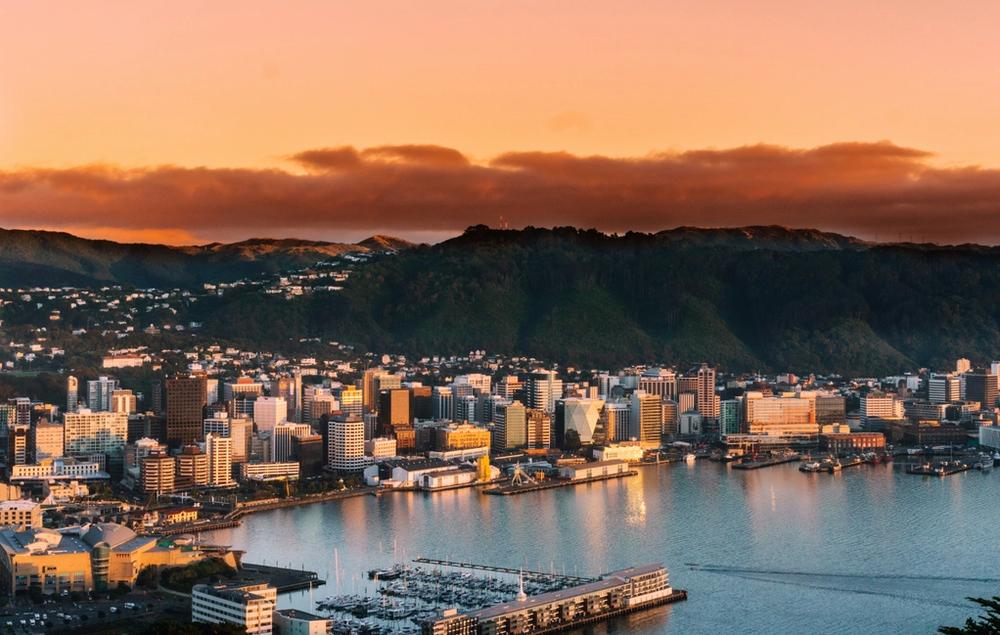 Drone image over Wellington Harbour at sunset Drone image over Wellington Harbour at sunset