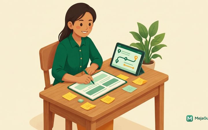 Guru SD menyusun Alur Tujuan Pembelajaran ATP di meja dengan dokumen dan tablet