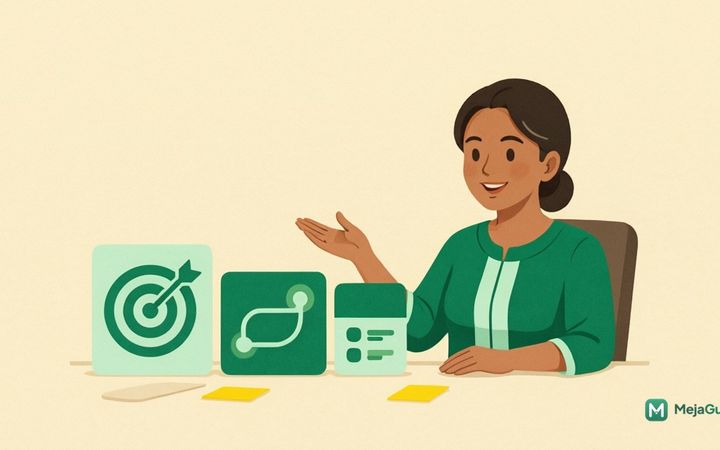 Ilustrasi guru membandingkan konsep CP ATP dan TP Kurikulum Merdeka