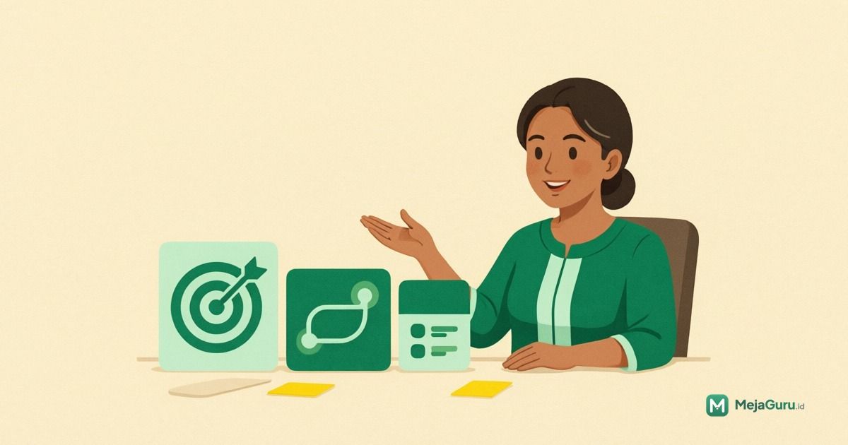 Ilustrasi guru membandingkan konsep CP ATP dan TP Kurikulum Merdeka