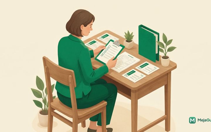 Ilustrasi guru SD meninjau kriteria penilaian dan checklist asesmen di meja kerja