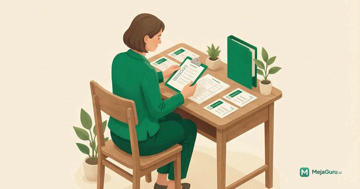 Ilustrasi guru SD meninjau kriteria penilaian dan checklist asesmen di meja kerja