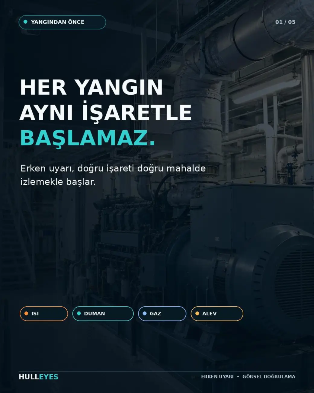 Gemi makine dairesinde jeneratör ve boru hatları; erken belirti türleri ısı, duman, gaz ve alev olarak sıralanıyor