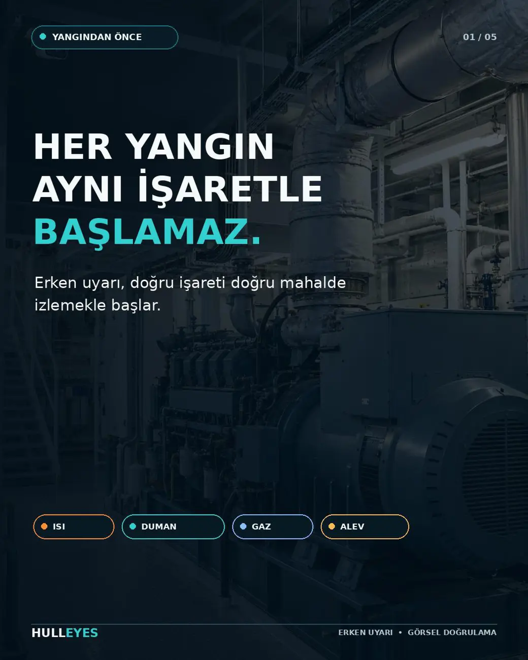 Gemi makine dairesinde jeneratör ve boru hatları; erken belirti türleri ısı, duman, gaz ve alev olarak sıralanıyor