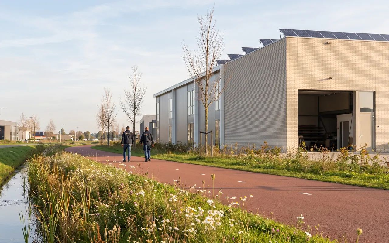 Twee ondernemers in gesprek op een groen bedrijventerrein