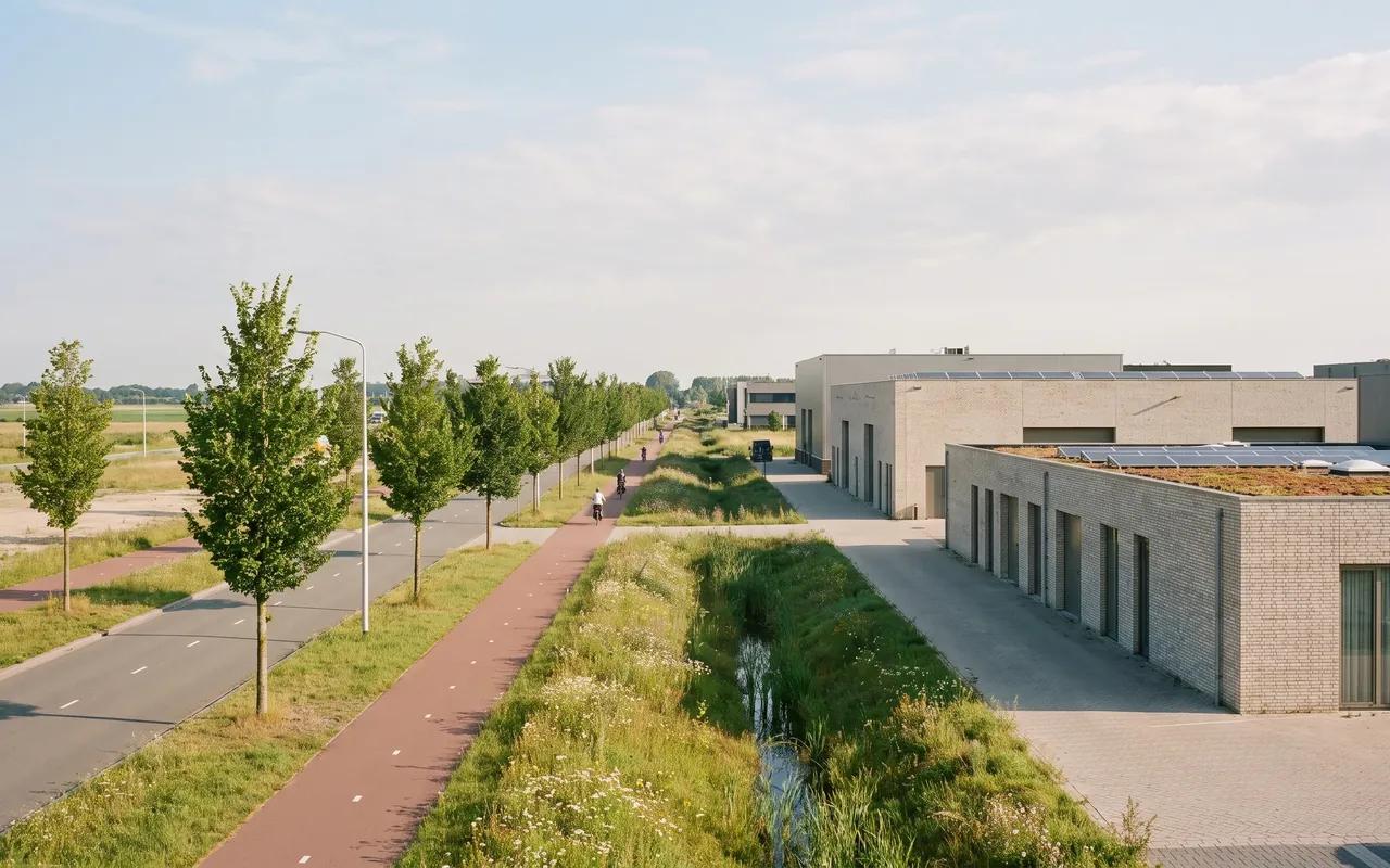 Bedrijventerrein met fietsers, bomen en een wadi langs de weg