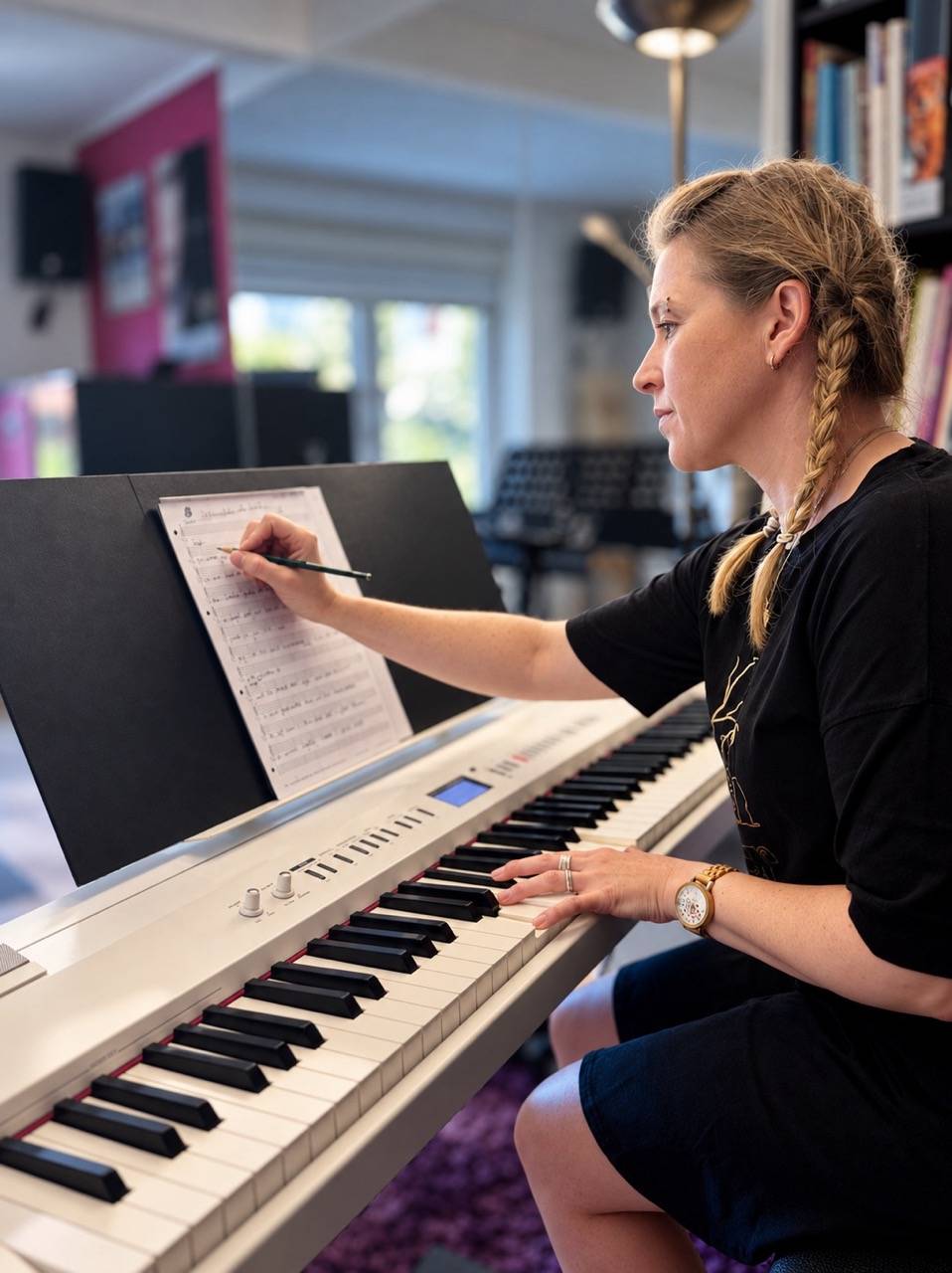 Nina notiert am Digitalpiano Anmerkungen in die Noten
