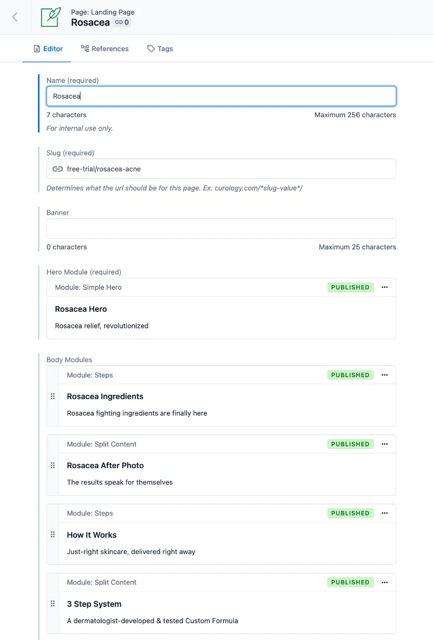The Contentful user interface to build a new landing page