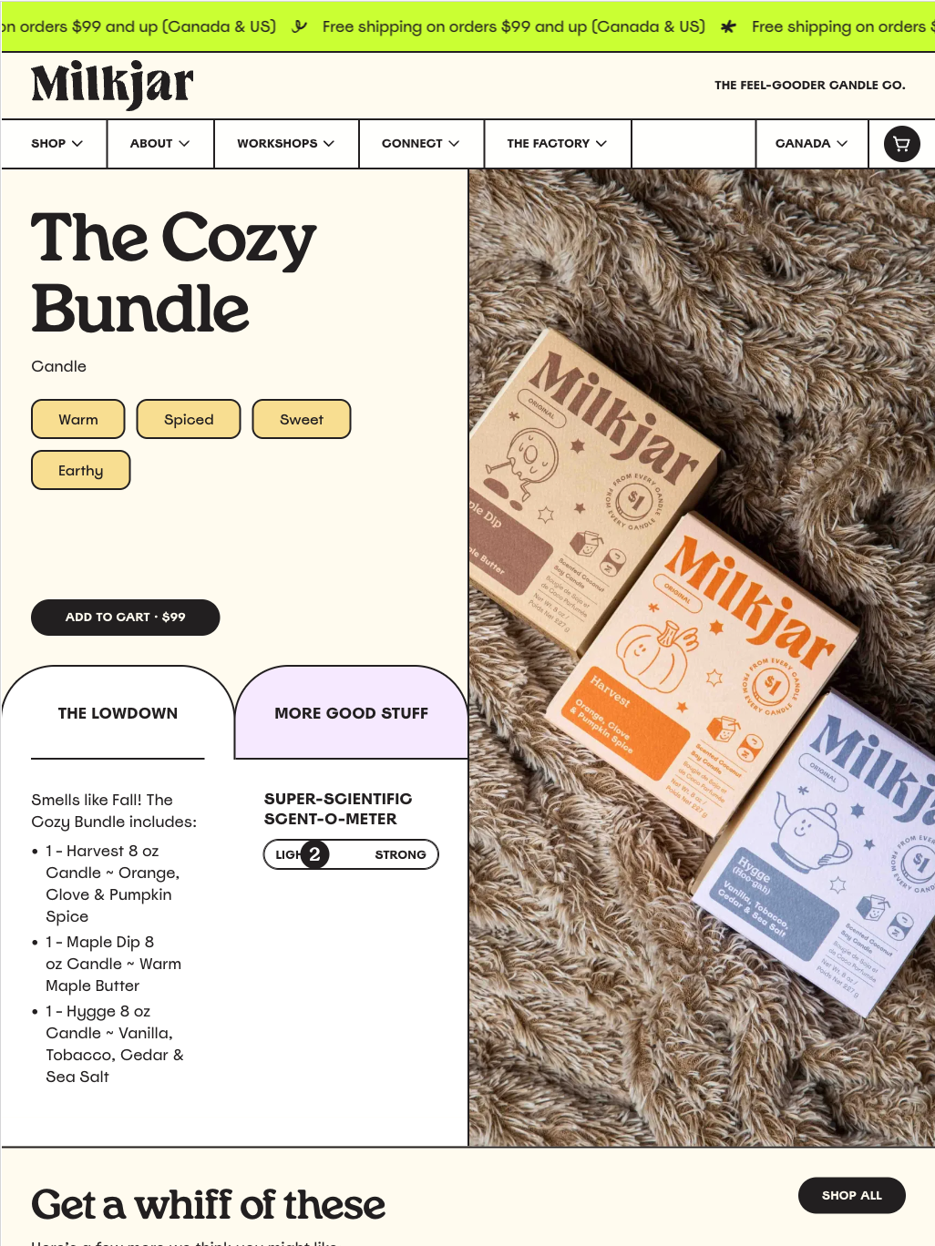 Milkjar candle company website showing the 'Cozy Bundle' product page, with three kraft-paper candle boxes arranged on a fuzzy brown blanket.