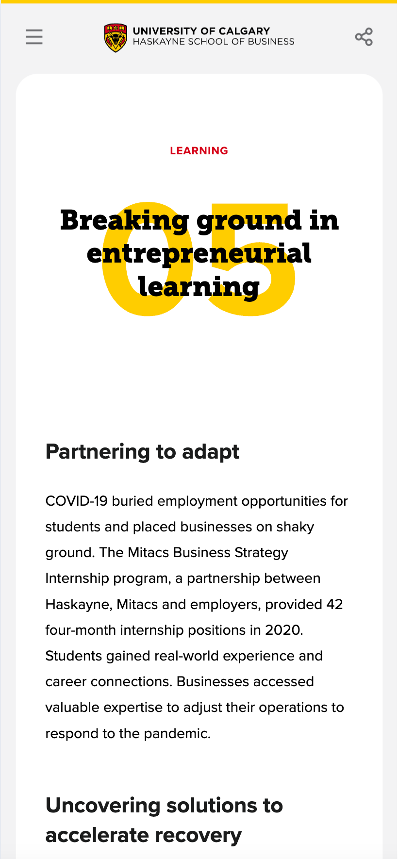 Mobile web page for the University of Calgary Haskayne School of Business featuring an article titled 'Breaking ground in entrepreneurial learning'.