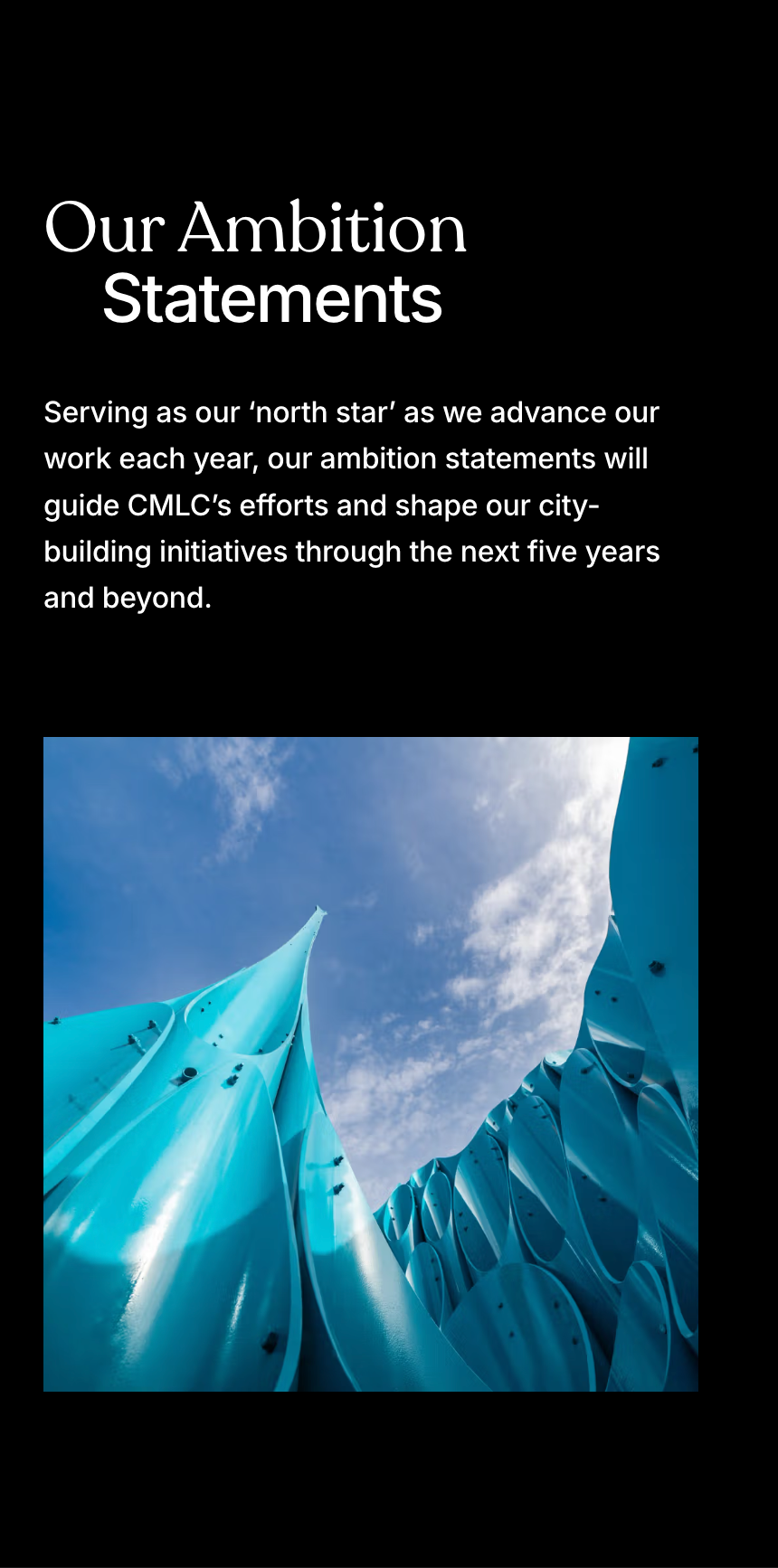 Calgary Municipal Land Corporation impact report on a phone, opening on the Our Ambition Statements section above a photo of a turquoise sculpture against the sky.