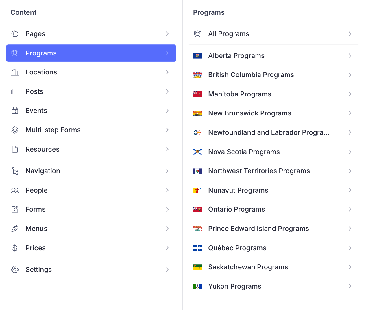 The Wee Wild Ones Sanity Studio, with content types listed on the left and programs grouped by province and territory on the right.