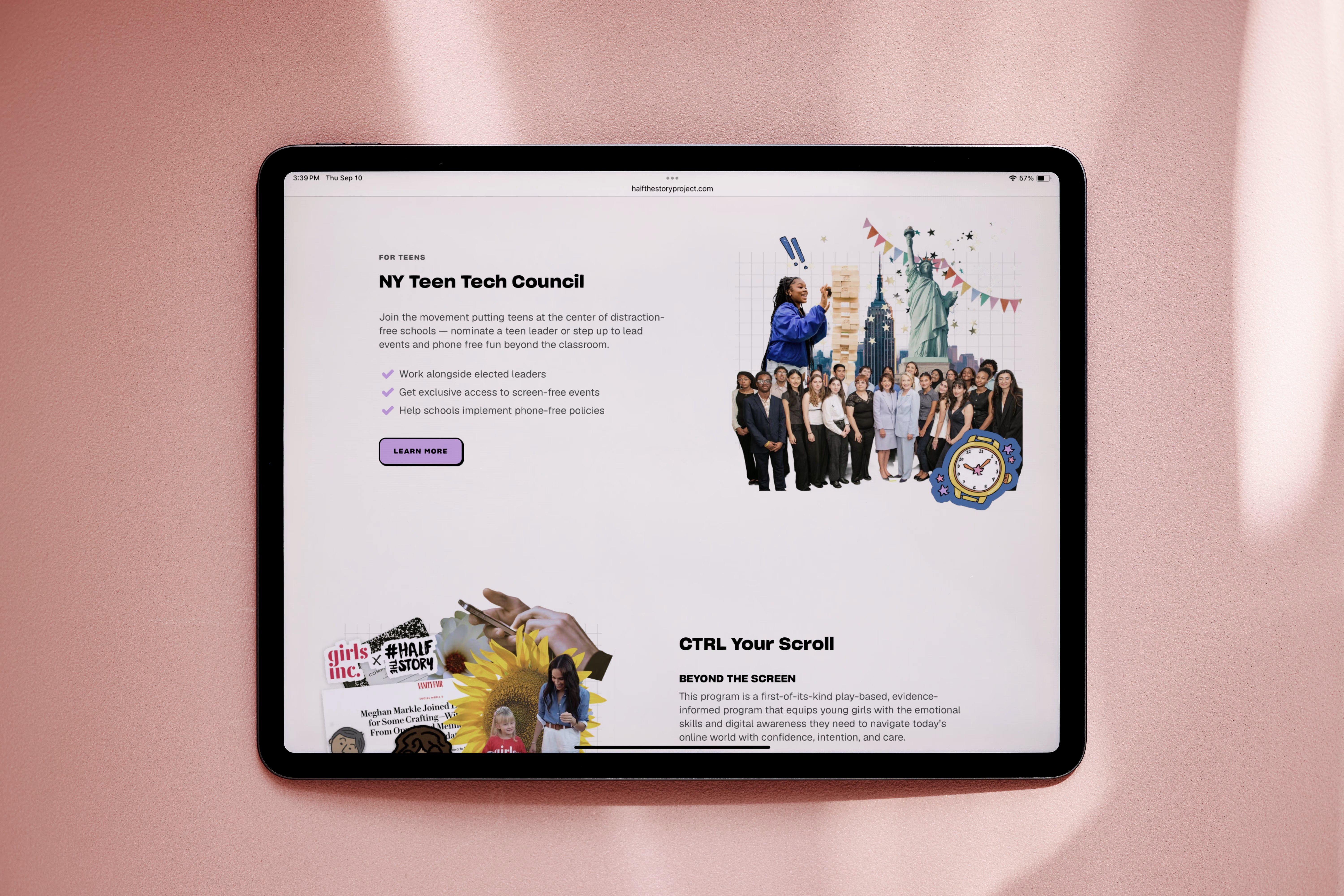 The #HalfTheStory website on a tablet lying on a pink surface, showing the NY Teen Tech Council program page.