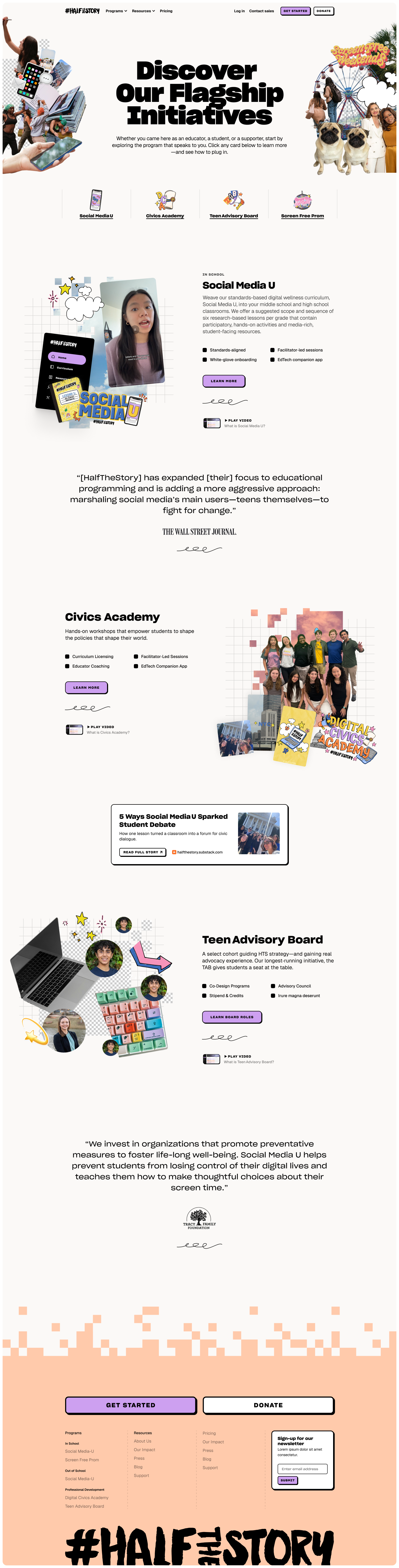 #HalfTheStory initiatives page on desktop, headed Discover Our Flagship Initiatives, with collage illustrations and program summaries for Social Media U and Civics Academy.