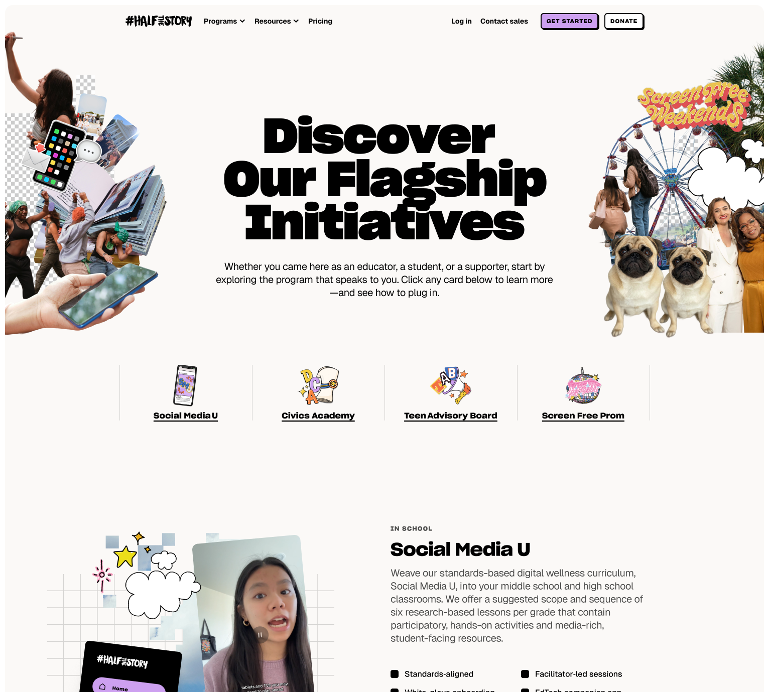#HalfTheStory initiatives page on desktop, headed Discover Our Flagship Initiatives, with collage illustrations and program summaries for Social Media U and Civics Academy.