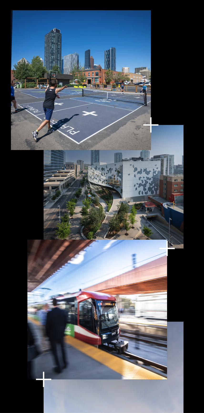 Calgary Municipal Land Corporation impact report on a phone, showing a stack of photos of public spaces, a pickleball court, the Central Library and a CTrain.