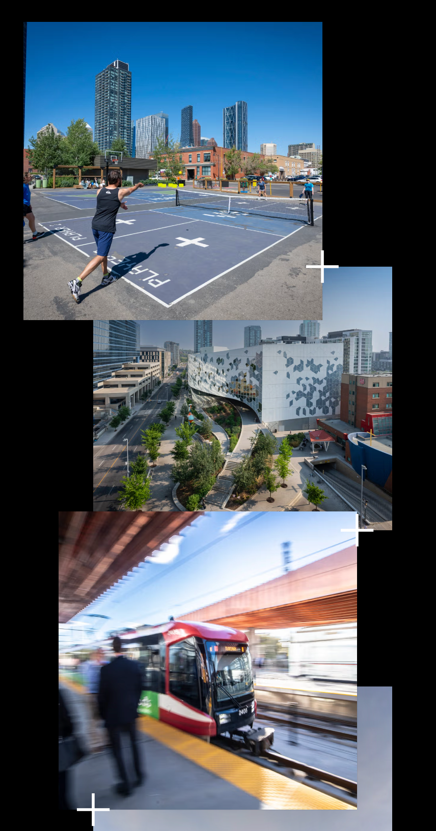 Calgary Municipal Land Corporation impact report on a phone, showing a stack of photos of public spaces, a pickleball court, the Central Library and a CTrain.