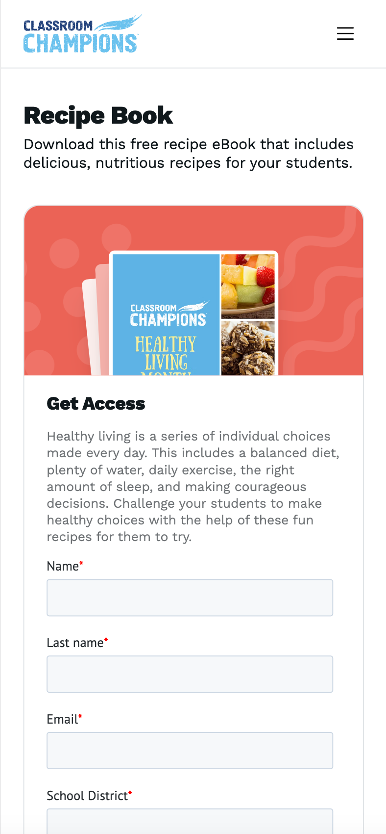 A Classroom Champions resource page offering a recipe book download behind a short access form.