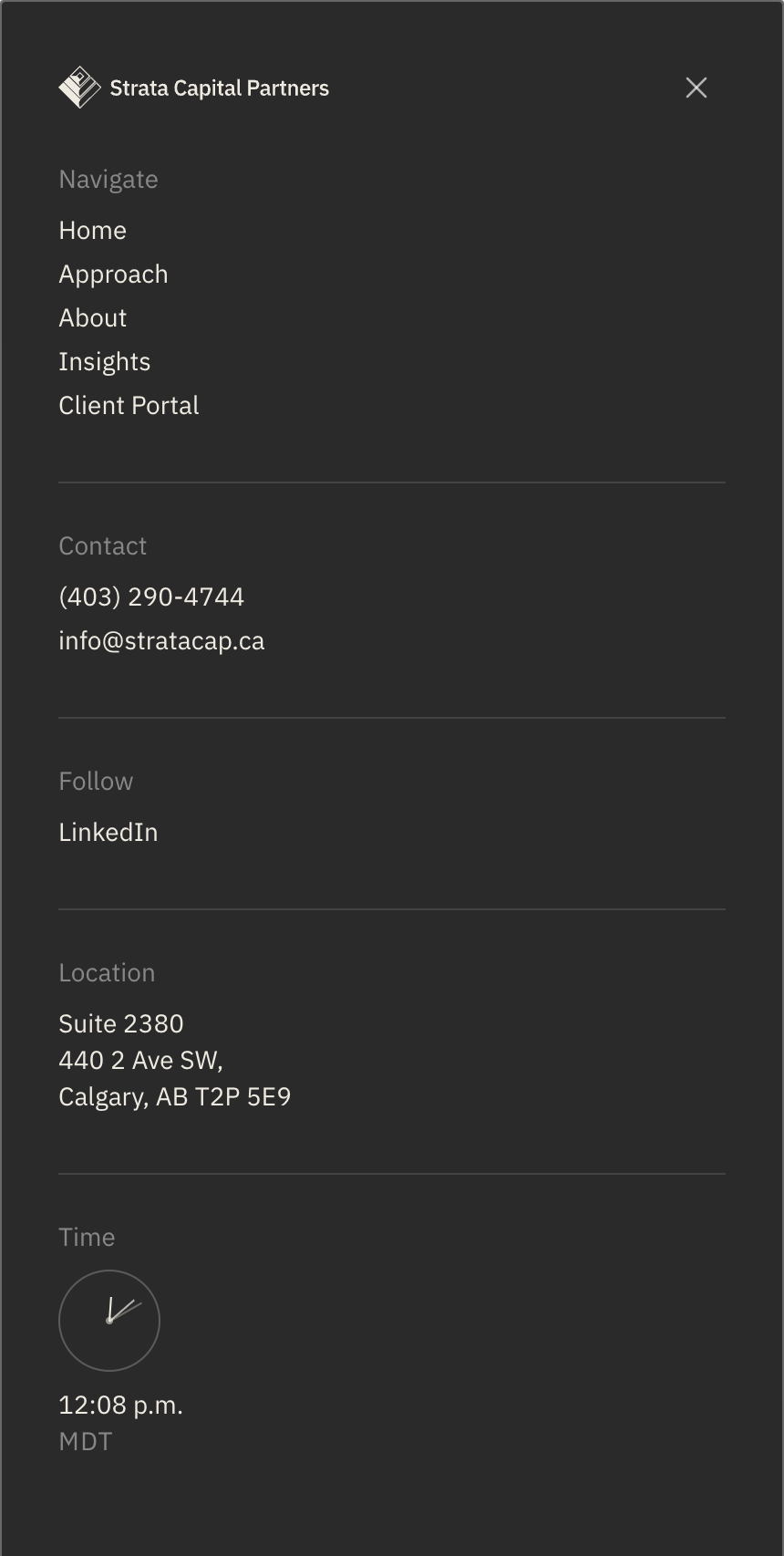 Strata Capital Partners website menu on a phone, listing navigation links, contact details, LinkedIn and the Calgary office address.