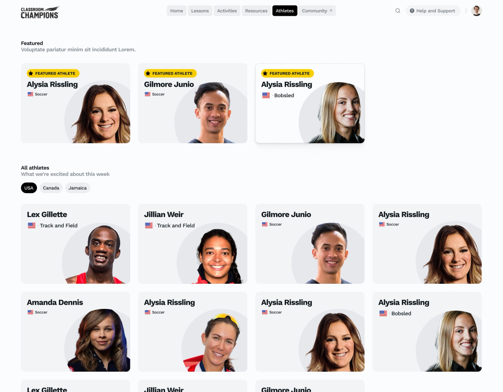 Classroom Champions 'Athletes' page featuring cards for featured and all athletes, each showing a smiling portrait, name, country flag, and sport.